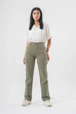 High Waist Cargo Pants in Olive Green with Side Flap Pockets - Straight Fit Style