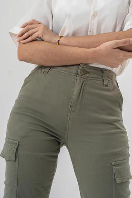High Waist Cargo Pants in Olive Green with Side Flap Pockets - Straight Fit Style