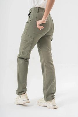 High Waist Cargo Pants in Olive Green with Side Flap Pockets - Straight Fit Style