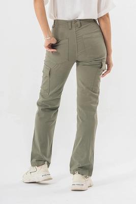 High Waist Cargo Pants in Olive Green with Side Flap Pockets - Straight Fit Style