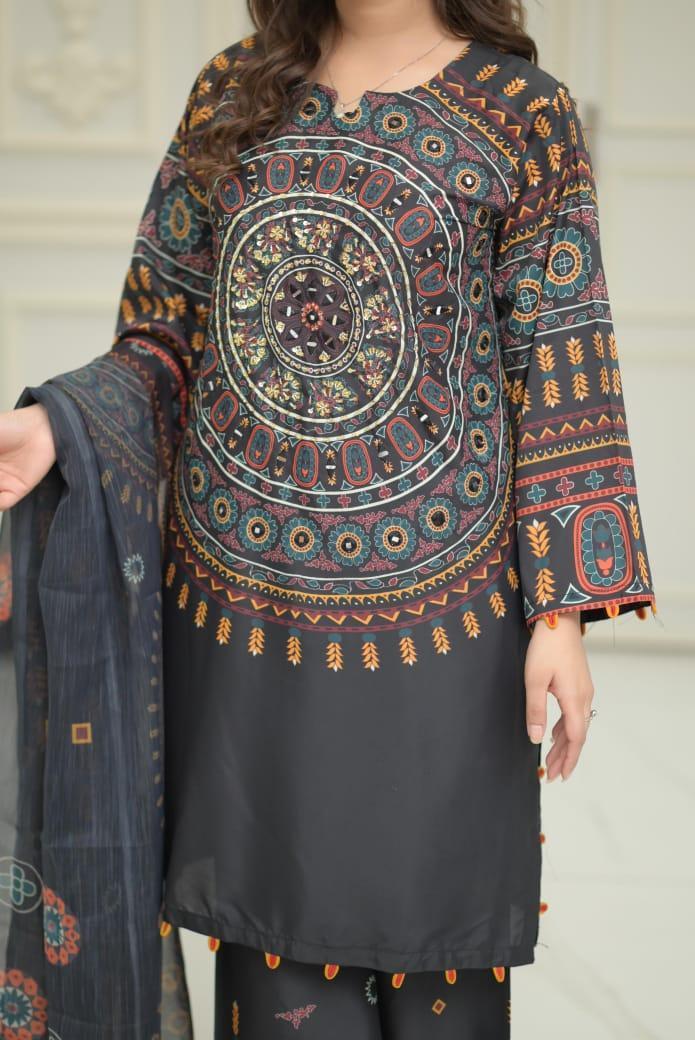 Women's Stitched Printed Shirt and Trouser Set - 2 Pcs with Mirror Work