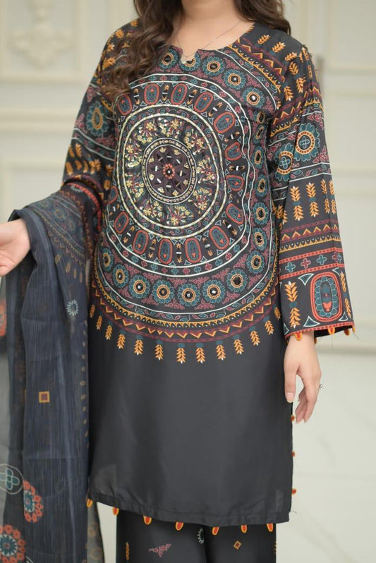 Women's Stitched Printed Shirt and Trouser Set - 2 Pcs with Mirror Work